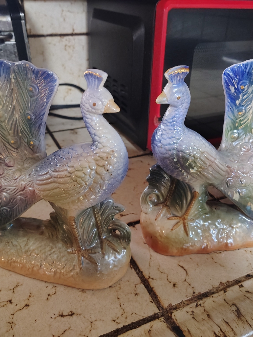 Vintage Blue and Cream Ceramic Peacock Figurine Pair - Decorative Home Art